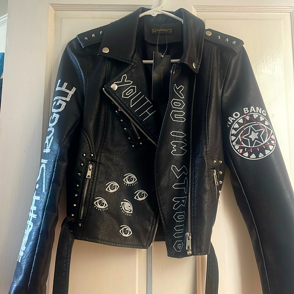 New biker black leathered biker jacket with custom art